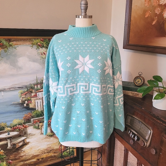 Mint shimmer vintage novelty sweater snowflakes Large - Picture 1 of 8